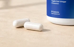 Two white GLPrimal capsules resting on a kitchen worktop