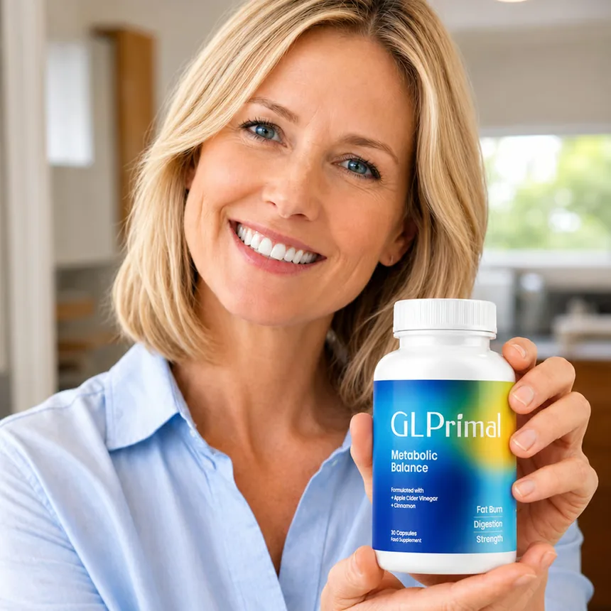 Smiling woman holding a bottle of GLPrimal in her kitchen