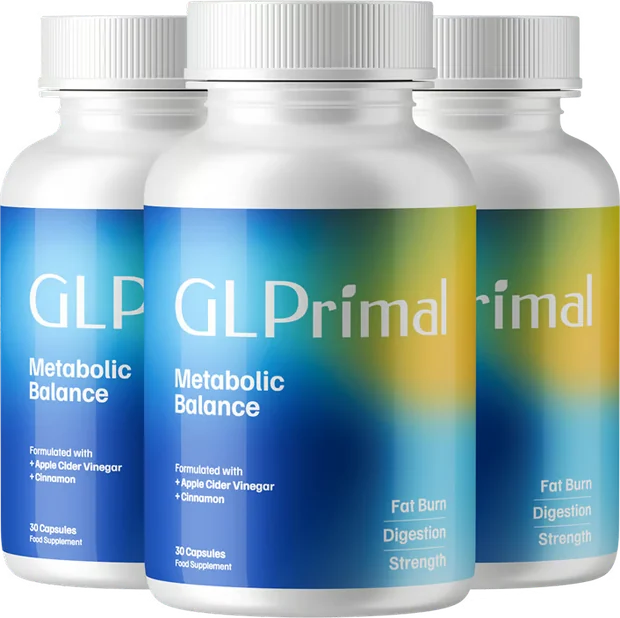 Three bottles of GLPrimal Metabolic Balance lined up against a plain background
