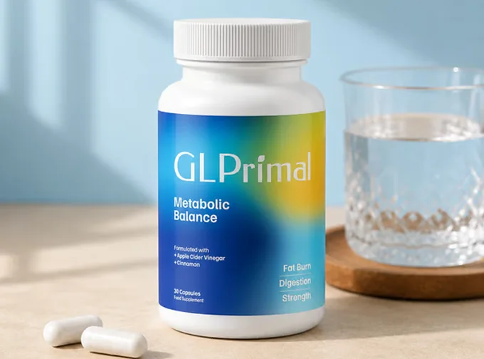 Bottle of GLPrimal beside a glass of water and two white capsules